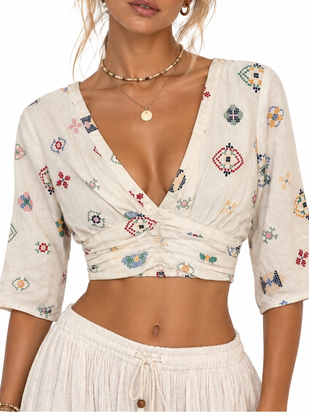 ZARA Crop Top Linen Blend Cream Cross Stitch Print Cut Out Festival Boho XS
